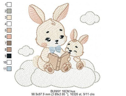 Bunny reading embroidery design - Rabbit with cub machine embroidery pattern - Baby boy reading a book file - Instant download pes jef hus
