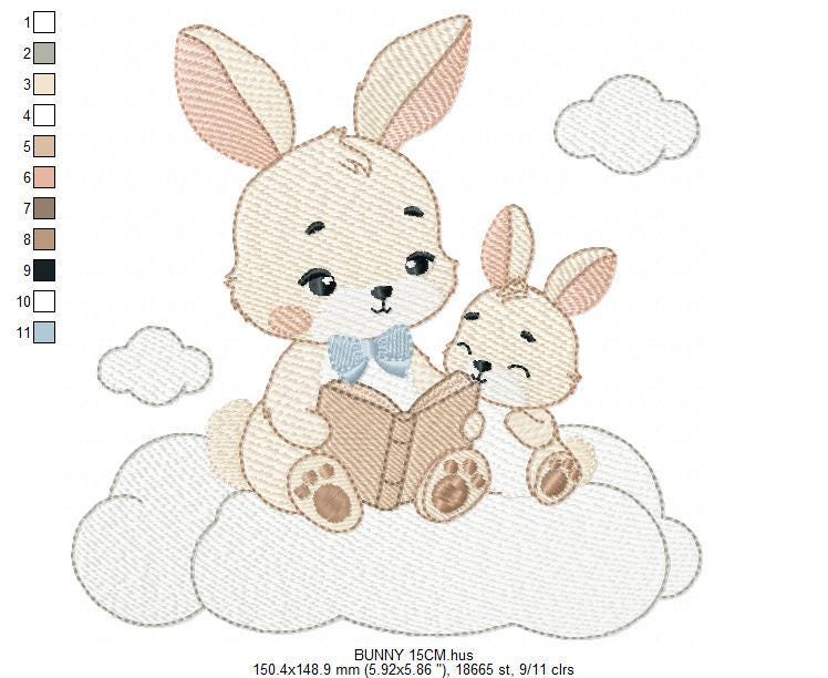 Bunny reading embroidery design - Rabbit with cub machine embroidery pattern - Baby boy reading a book file - Instant download pes jef hus