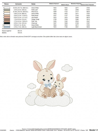 Bunny reading embroidery design - Rabbit with cub machine embroidery pattern - Baby boy reading a book file - Instant download pes jef hus