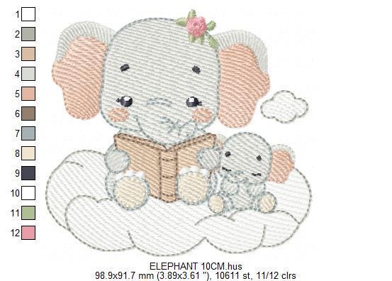 Elephant reading in a cloud embroidery designs - Safari Wild Female Animal machine embroidery pattern - Baby Girl file - Instant download