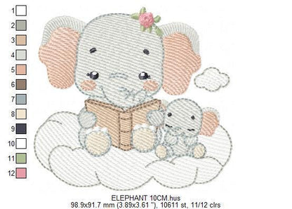 Elephant reading in a cloud embroidery designs - Safari Wild Female Animal machine embroidery pattern - Baby Girl file - Instant download