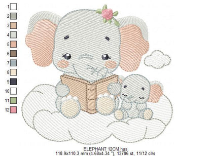 Elephant reading in a cloud embroidery designs - Safari Wild Female Animal machine embroidery pattern - Baby Girl file - Instant download
