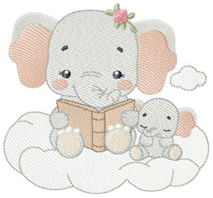 Elephant reading in a cloud embroidery designs - Safari Wild Female Animal machine embroidery pattern - Baby Girl file - Instant download