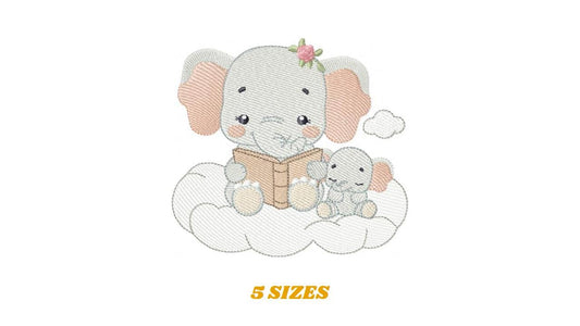 Elephant reading in a cloud embroidery designs - Safari Wild Female Animal machine embroidery pattern - Baby Girl file - Instant download