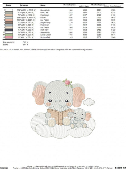 Elephant reading in a cloud embroidery designs - Safari Wild Female Animal machine embroidery pattern - Baby Girl file - Instant download