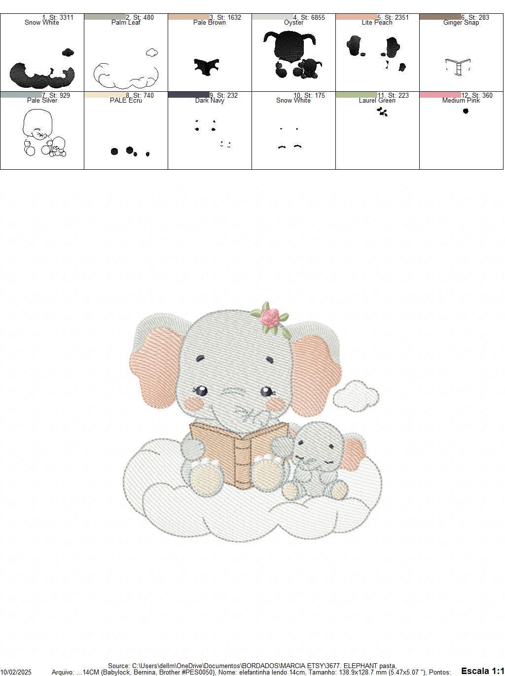 Elephant reading in a cloud embroidery designs - Safari Wild Female Animal machine embroidery pattern - Baby Girl file - Instant download