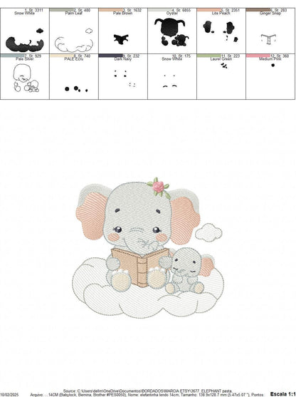 Elephant reading in a cloud embroidery designs - Safari Wild Female Animal machine embroidery pattern - Baby Girl file - Instant download