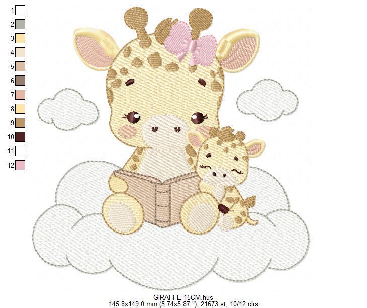 Giraffe reading book in cloud embroidery design - Female Wild Animal machine embroidery pattern - Baby girl file - Instant download pes jef
