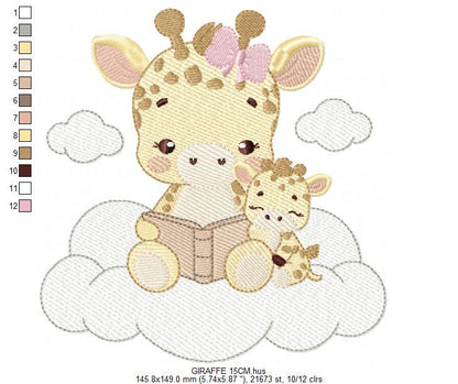 Giraffe reading book in cloud embroidery design - Female Wild Animal machine embroidery pattern - Baby girl file - Instant download pes jef
