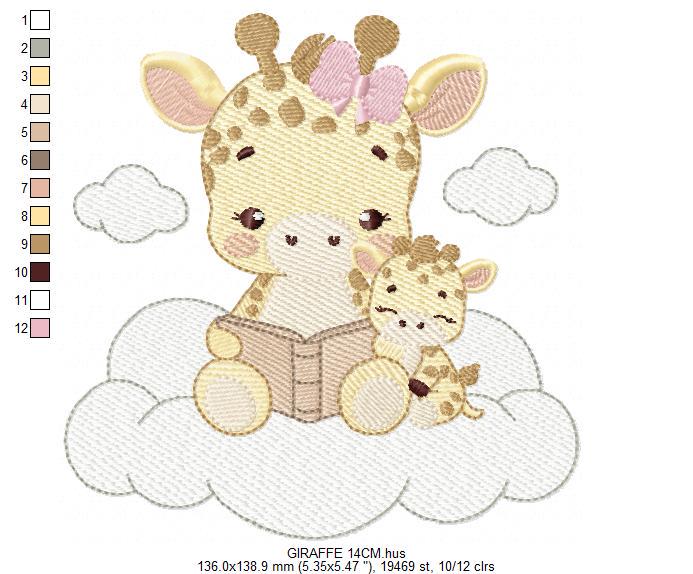 Giraffe reading book in cloud embroidery design - Female Wild Animal machine embroidery pattern - Baby girl file - Instant download pes jef