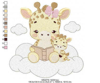 Giraffe reading book in cloud embroidery design - Female Wild Animal machine embroidery pattern - Baby girl file - Instant download pes jef