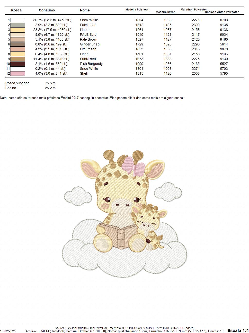 Giraffe reading book in cloud embroidery design - Female Wild Animal machine embroidery pattern - Baby girl file - Instant download pes jef