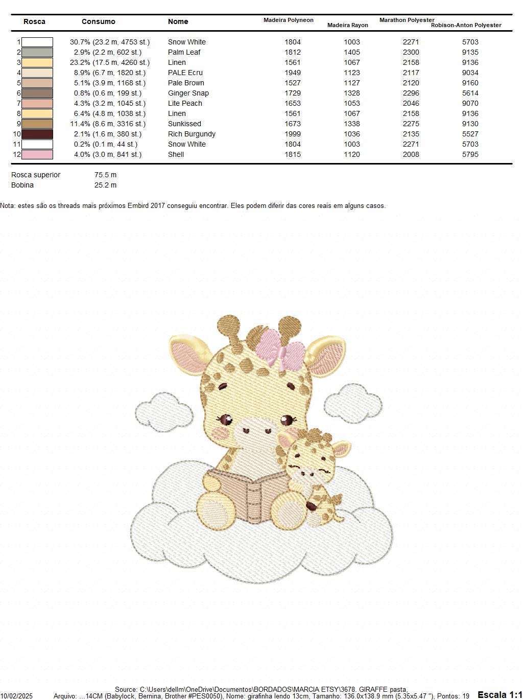 Giraffe reading book in cloud embroidery design - Female Wild Animal machine embroidery pattern - Baby girl file - Instant download pes jef