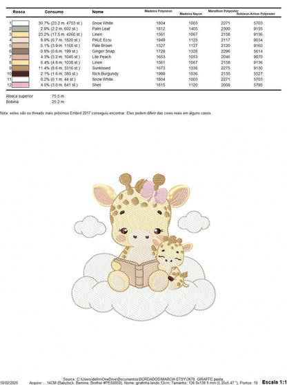 Giraffe reading book in cloud embroidery design - Female Wild Animal machine embroidery pattern - Baby girl file - Instant download pes jef