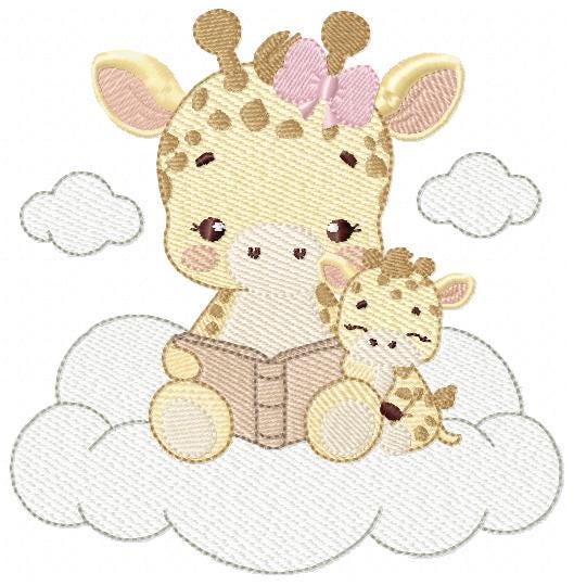 Giraffe reading book in cloud embroidery design - Female Wild Animal machine embroidery pattern - Baby girl file - Instant download pes jef