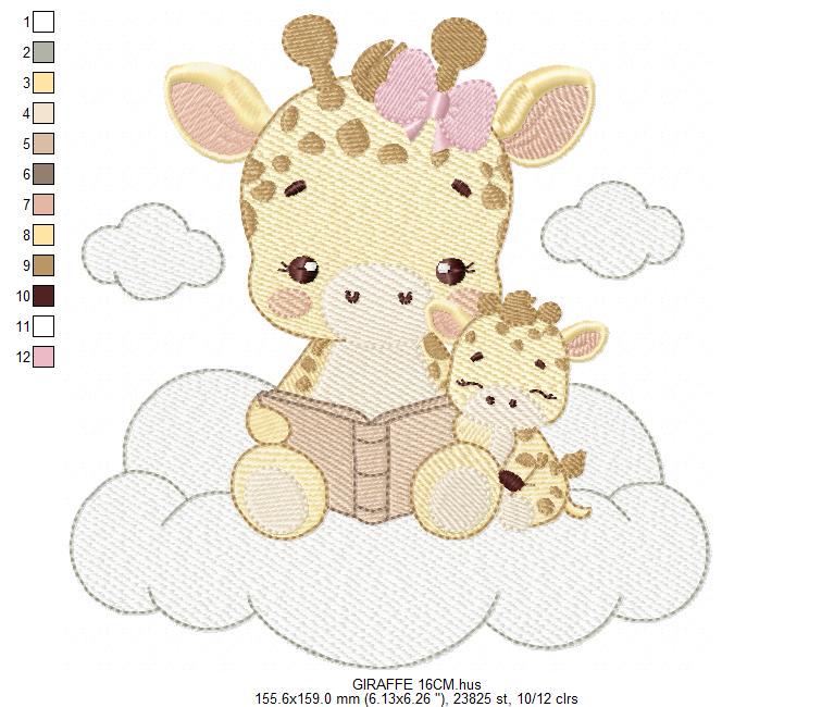 Giraffe reading book in cloud embroidery design - Female Wild Animal machine embroidery pattern - Baby girl file - Instant download pes jef