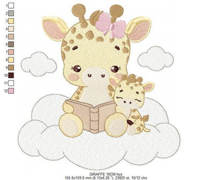 Giraffe reading book in cloud embroidery design - Female Wild Animal machine embroidery pattern - Baby girl file - Instant download pes jef