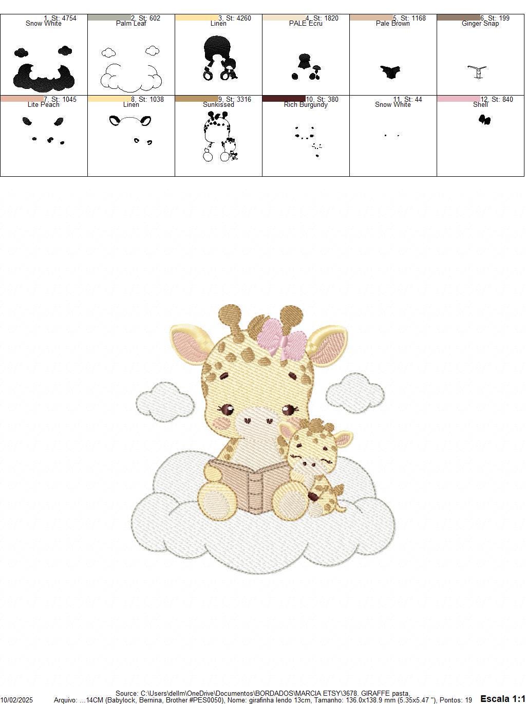Giraffe reading book in cloud embroidery design - Female Wild Animal machine embroidery pattern - Baby girl file - Instant download pes jef