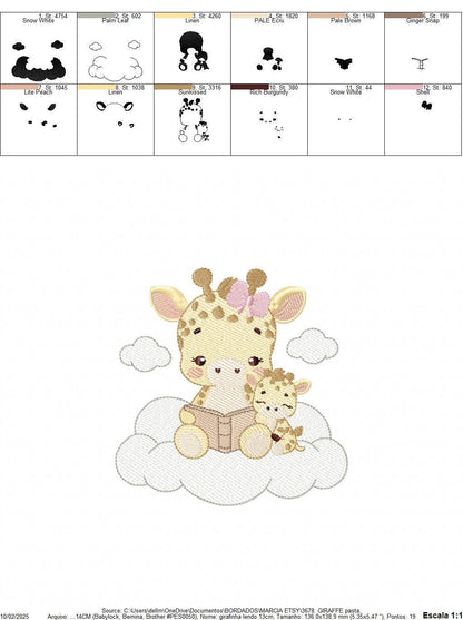 Giraffe reading book in cloud embroidery design - Female Wild Animal machine embroidery pattern - Baby girl file - Instant download pes jef