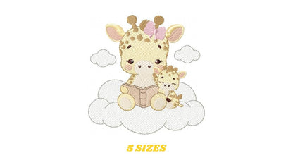 Giraffe reading book in cloud embroidery design - Female Wild Animal machine embroidery pattern - Baby girl file - Instant download pes jef