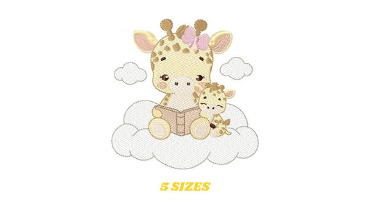 Giraffe reading book in cloud embroidery design - Female Wild Animal machine embroidery pattern - Baby girl file - Instant download pes jef