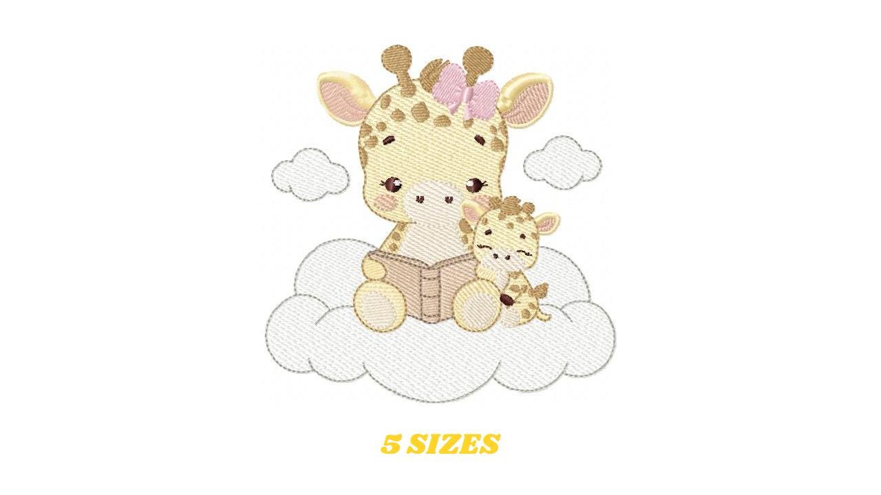 Giraffe reading book in cloud embroidery design - Female Wild Animal machine embroidery pattern - Baby girl file - Instant download pes jef