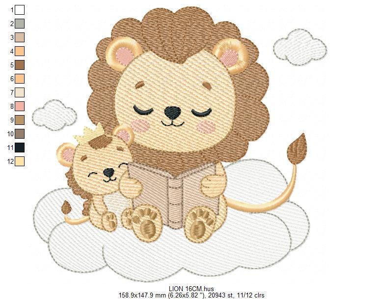Lion reading embroidery designs - Safari wild animal with cub machine embroidery pattern - Baby boy reading file - Instant download pes jef