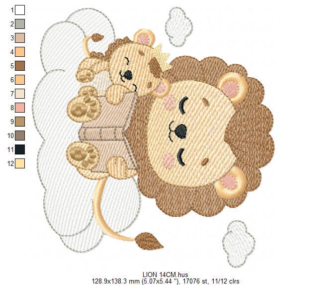 Lion reading embroidery designs - Safari wild animal with cub machine embroidery pattern - Baby boy reading file - Instant download pes jef