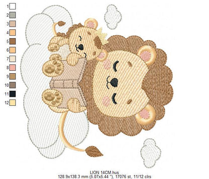 Lion reading embroidery designs - Safari wild animal with cub machine embroidery pattern - Baby boy reading file - Instant download pes jef