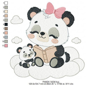 Mama Panda reading a book with baby girl embroidery design - Female Animal machine embroidery pattern - Instant download pes jef dst hus vp3