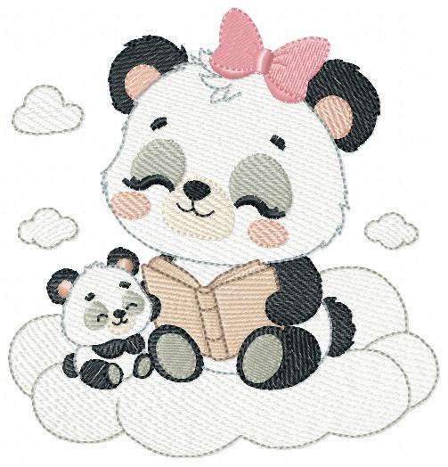 Mama Panda reading a book with baby girl embroidery design - Female Animal machine embroidery pattern - Instant download pes jef dst hus vp3