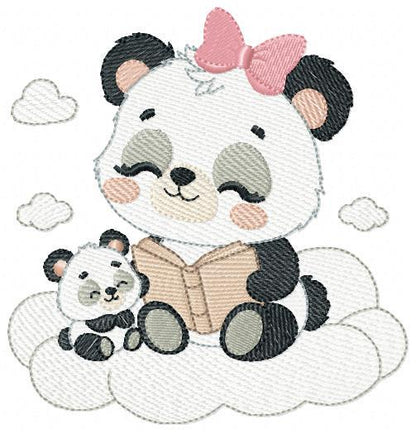 Mama Panda reading a book with baby girl embroidery design - Female Animal machine embroidery pattern - Instant download pes jef dst hus vp3