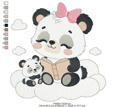 Mama Panda reading a book with baby girl embroidery design - Female Animal machine embroidery pattern - Instant download pes jef dst hus vp3