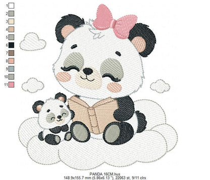 Mama Panda reading a book with baby girl embroidery design - Female Animal machine embroidery pattern - Instant download pes jef dst hus vp3