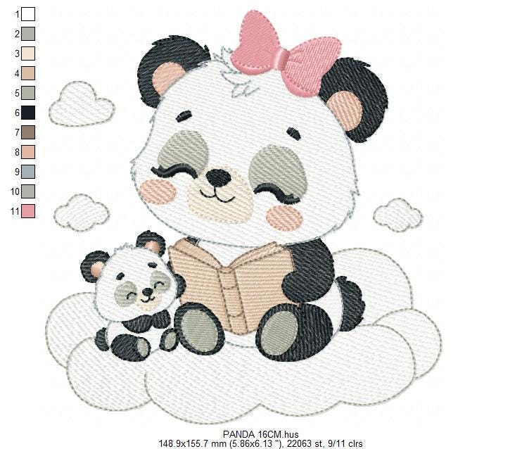 Mama Panda reading a book with baby girl embroidery design - Female Animal machine embroidery pattern - Instant download pes jef dst hus vp3