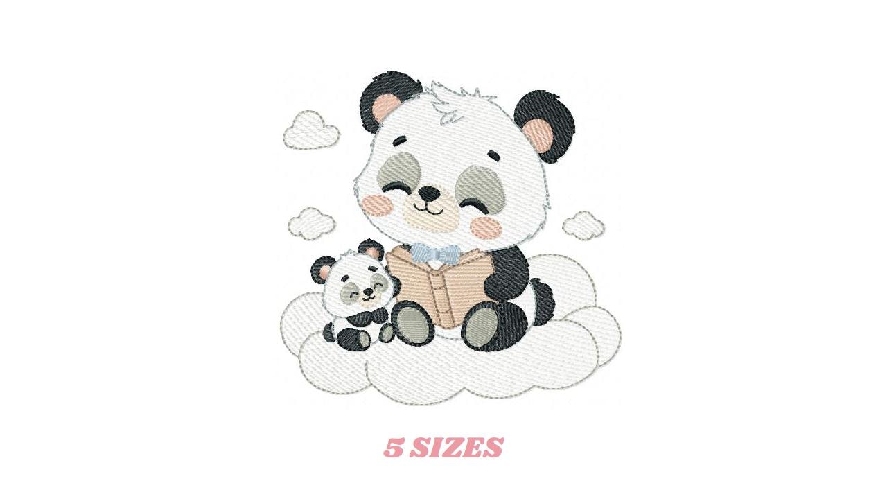 Panda reading embroidery design - Animal with cub machine embroidery pattern - Baby boy reading a book file - Instant download pes jef dst