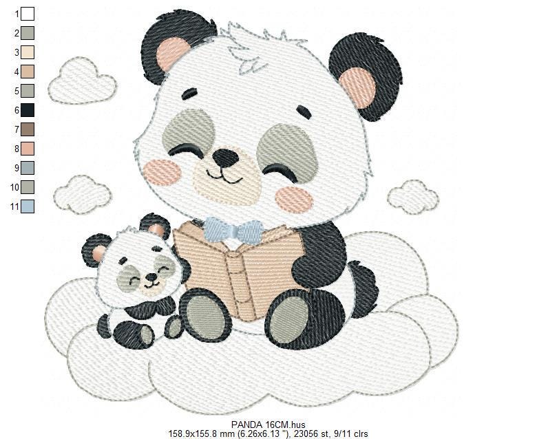 Panda reading embroidery design - Animal with cub machine embroidery pattern - Baby boy reading a book file - Instant download pes jef dst