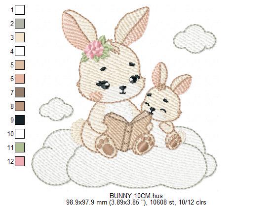 Bunny mother with baby girl embroidery design - Female Rabbit reading a book machine embroidery pattern - Instant download pes jef dst hus