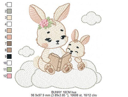 Bunny mother with baby girl embroidery design - Female Rabbit reading a book machine embroidery pattern - Instant download pes jef dst hus