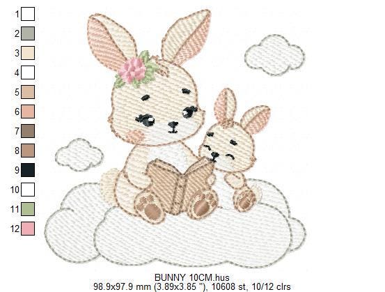 Bunny mother with baby girl embroidery design - Female Rabbit reading a book machine embroidery pattern - Instant download pes jef dst hus