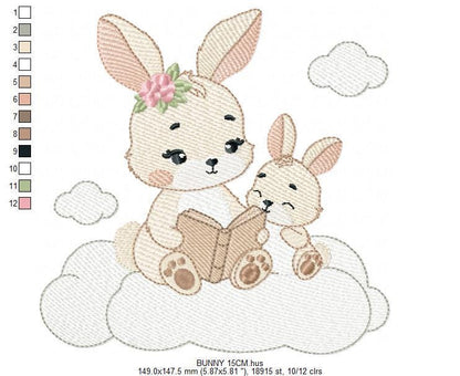Bunny mother with baby girl embroidery design - Female Rabbit reading a book machine embroidery pattern - Instant download pes jef dst hus