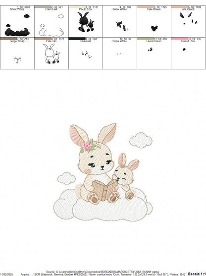 Bunny mother with baby girl embroidery design - Female Rabbit reading a book machine embroidery pattern - Instant download pes jef dst hus
