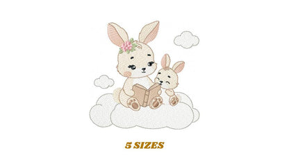 Bunny mother with baby girl embroidery design - Female Rabbit reading a book machine embroidery pattern - Instant download pes jef dst hus