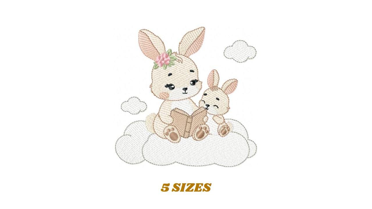 Bunny mother with baby girl embroidery design - Female Rabbit reading a book machine embroidery pattern - Instant download pes jef dst hus