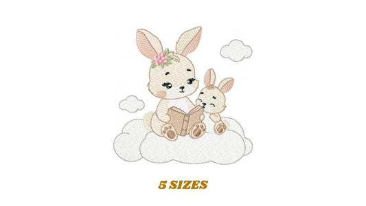Bunny mother with baby girl embroidery design - Female Rabbit reading a book machine embroidery pattern - Instant download pes jef dst hus