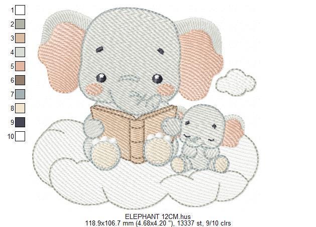 Elephant reading embroidery designs - Animal with cub machine embroidery pattern - Baby Boy reading a book file - Instant download pes jef