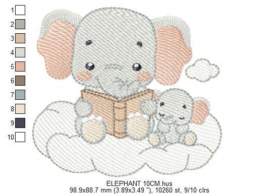 Elephant reading embroidery designs - Animal with cub machine embroidery pattern - Baby Boy reading a book file - Instant download pes jef
