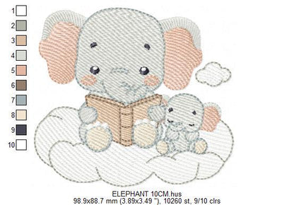 Elephant reading embroidery designs - Animal with cub machine embroidery pattern - Baby Boy reading a book file - Instant download pes jef