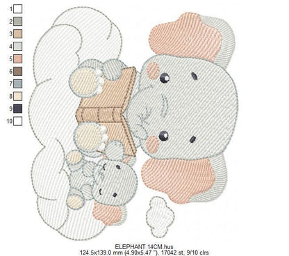 Elephant reading embroidery designs - Animal with cub machine embroidery pattern - Baby Boy reading a book file - Instant download pes jef