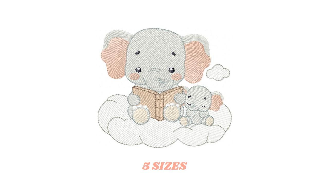 Elephant reading embroidery designs - Animal with cub machine embroidery pattern - Baby Boy reading a book file - Instant download pes jef